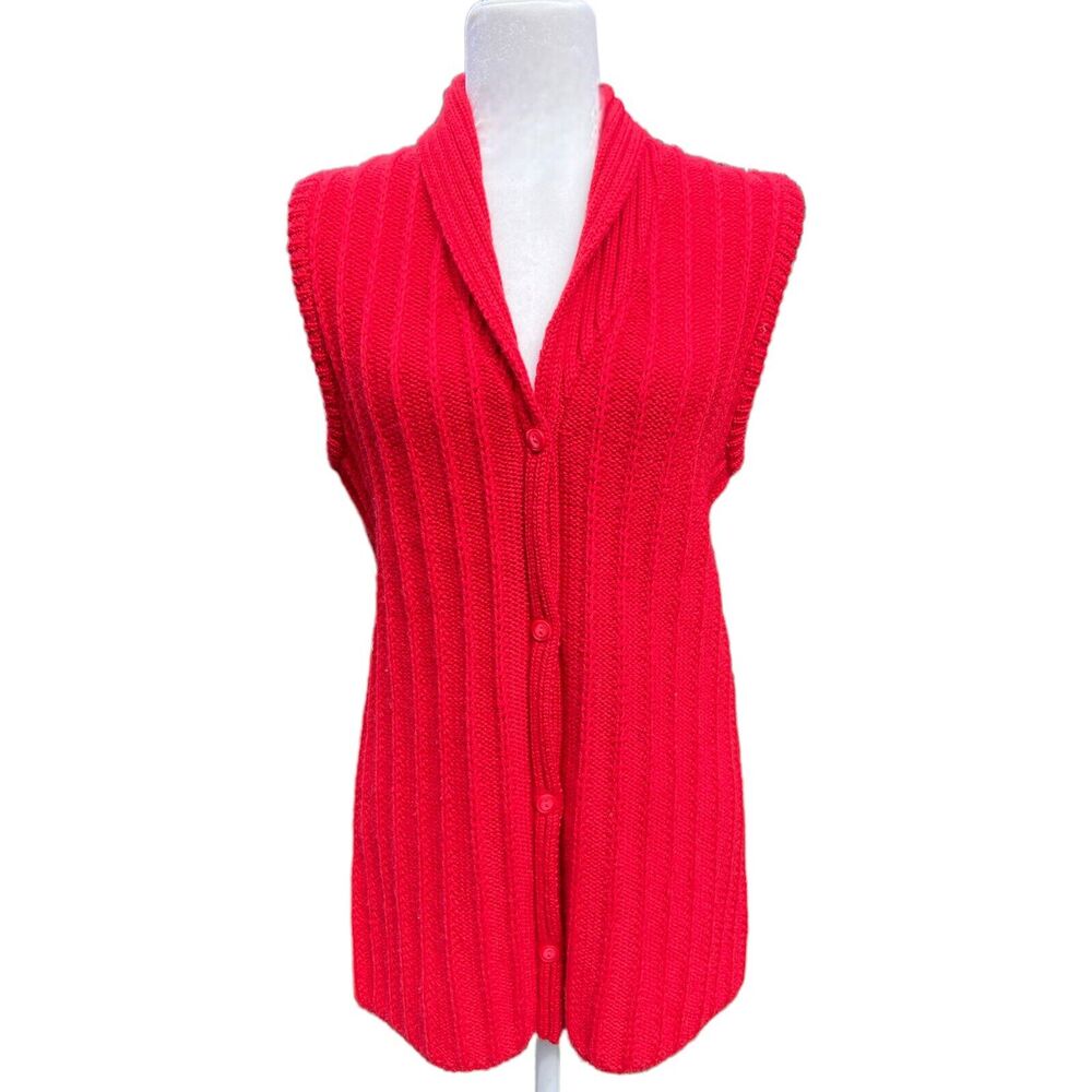 Eddie Bauer‎ Wool Knit Sweater Women’s Size Medium Tall Red Sleeveless Cardigan